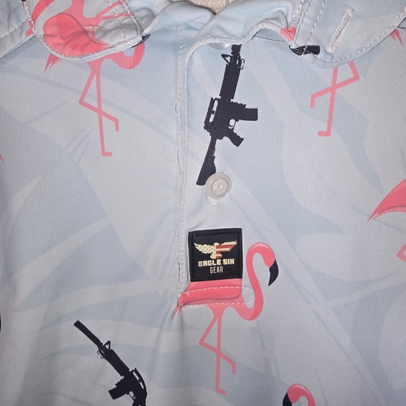 Light Blue Flamingo Print Polo Shirt - Picture 3 of 7